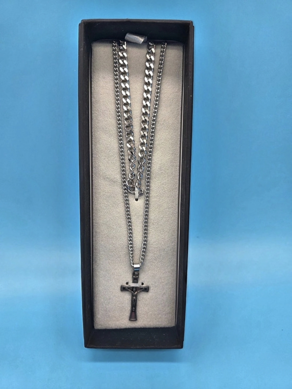 Linea Uomo Cross Pendant Necklace Stainless Steel Set